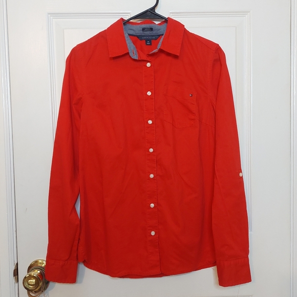 Tommy Hilfiger Red Classic Fit Roll Tab Long Sleeved Button Up Shirt Size S - Picture 1 of 11